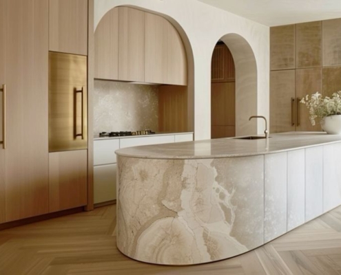 curved benchtop and kitchen archways